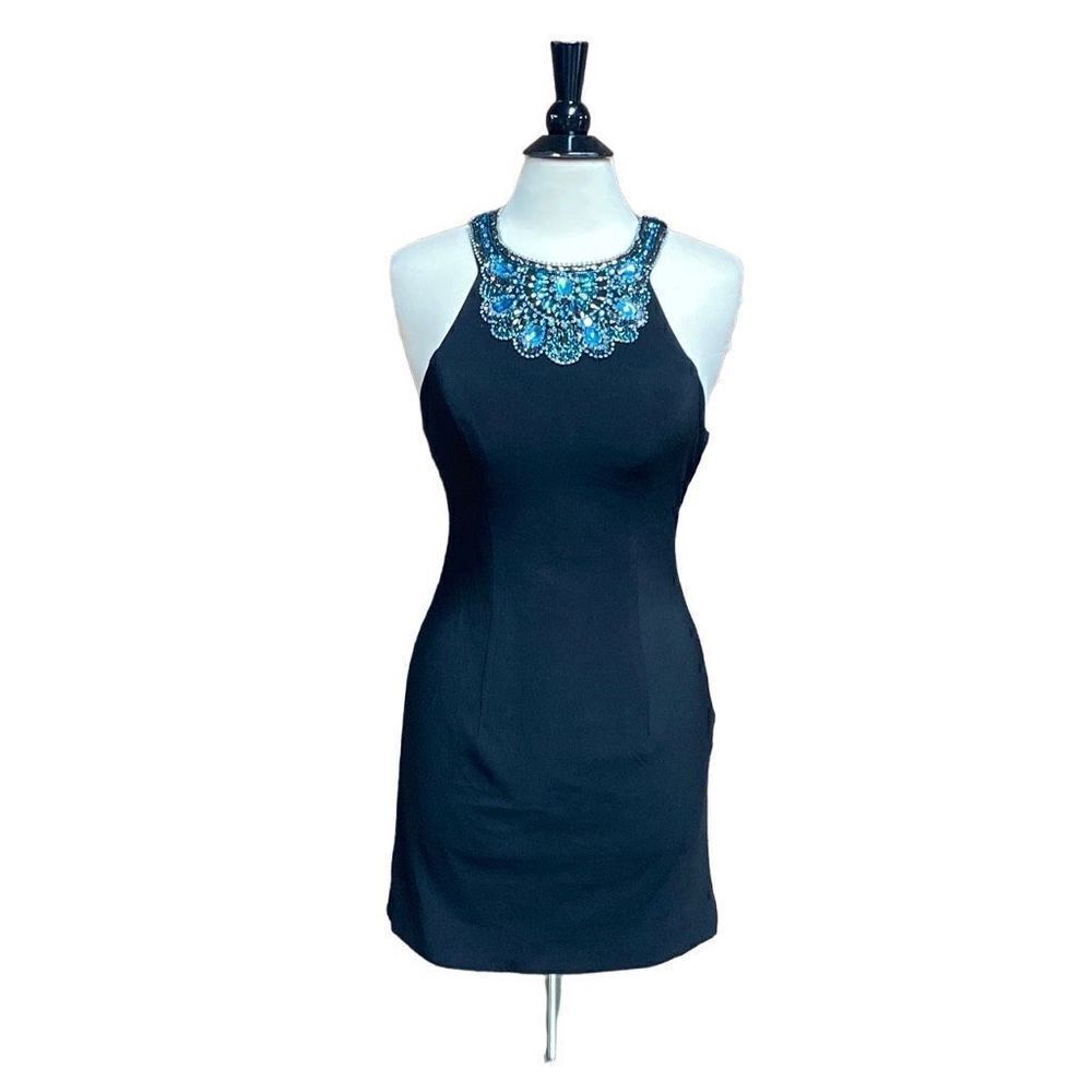 Aspeed Black Beaded Halter Mini Dress Size Medium